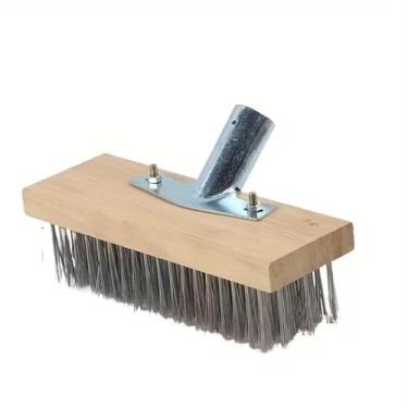 Imagem de 1 peça de escova de piso de aço inoxidável com cabo ergonômico, escova de limpeza de chão resistente - Ferramenta de limpeza manual reutilizável para remoção eficiente de óleo, musgo e gordura