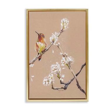 Imagem de Stupell Industries Arte de parede em tela flutuante com moldura dourada beija-flor descansando no ramo, design por Cady Driver, 78 x 53 cm