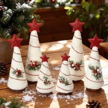Imagem de Hoolerry 6 peças de decorações de mesa de Natal, mini árvore de fio artificial, enfeite de árvore de Natal, decoração de casa de fazenda, para quarto interno, cozinha, Natal, casa, bandeja em camadas