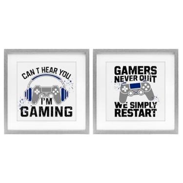 Imagem de Stupell Industries Gamer Culture Phrases 2 peças impressão emoldurada cinza conjunto sob vidro, design por Kim Allen, 13 x 13