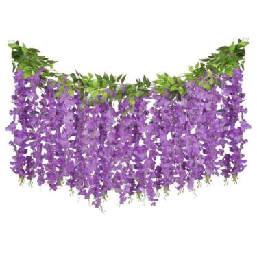 Imagem de ARTKAIKE Guirlanda de flores artificiais para decoração de casa, planta de seda falsa de glicínia para quarto, banheiro, parede, cozinha, quarto, jardim, decoração de casamento ao ar livre (4, roxo)
