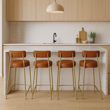 Imagem de Banqueta Cozinha Alta com Encosto Industrial Dourado Kit 4 Londres PU Nozes D03 - D'Rossi