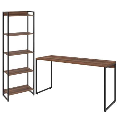 Imagem de Kit Escritório Estante 5 Prateleiras Com Mesa 150Cm Nogal