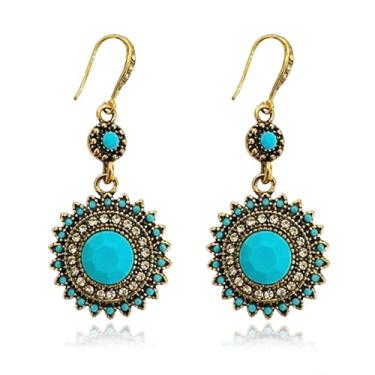 Imagem de MUNIGSMUR Brincos femininos boêmios modernos de girassol banhados a prata delicados, hipoalergênicos, zircônias cúbicas e turquesa, joias feitas à mão, presentes, 2.3*1 inch, Latão, Zircônia cúbica