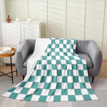Imagem de Erosebridal Cobertor Queen de lã azul-petróleo para meninas, 228 cm x 234 cm, manta de flanela quadriculada turquesa, grades geométricas, xadrez, felpudo para crianças, decoração guingão para cama e