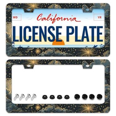 Imagem de Moldura de placa de licença linda noite céu estrelado 2 peças nebulosa estrelas suporte de placa de licença engraçado personalizado carro peças decorativas de aço inoxidável para veículos padrão dos