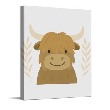 Imagem de Linda ilustração de vaca Highland, arte de parede em tela de safári, decoração de parede de animal de bebê para quarto de bebê, presentes para meninos e meninas, pôster emoldurado de berçário 20 x 25