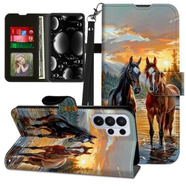 Imagem de BREIDMKFM Capa para Samsung Galaxy S26 Ultra com protetor de tela e suporte, suporte para cartão e alça de pulso flip de couro carteira fofa magnética resistente proteção resistente, cavalo marrom