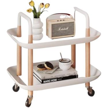 Imagem de Carrinho Organizador Multiuso com 2 Prateleiras, Branco e Madeira, com Rodízios, Estilo Moderno para Sala e Cozinha