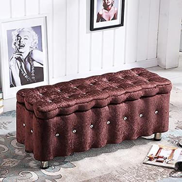 Imagem de FAMEOYA Banco estofado de veludo para sapatos otomano, banco de armazenamento de botões de cristal de luxo, sala de estar, quarto, confortável, bancos multifuncionais, assento marrom 100 x 40 x 40 cm