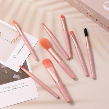 Imagem de Conjunto de 8 pincéis de maquiagem em rosa pastel profissionais para sombra de olhos e sobrancelhas, kit de ferramentas de maquiagem ideal para viagens