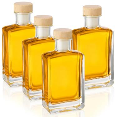 Imagem de AIZOE Garrafas de vidro pequenas de 100 ml com cortiça e escova de garrafa - Pacote com 4 mini garrafas de vinho quadradas de 100 ml para vinificação de uísque, vodca, cerveja, refrigerante, bebidas