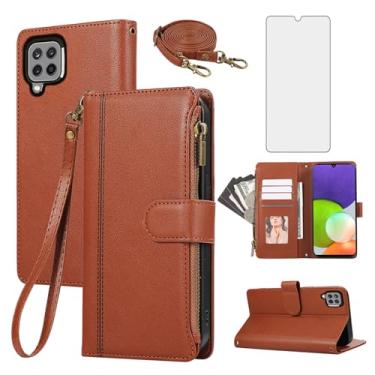 Imagem de Asuwish Capa de celular para Samsung Galaxy A22 4G 6,4 polegadas com zíper carteira celular com protetor de tela de vidro temperado alça transversal suporte para cartão de couro M32 M22 F22 A 22 22A