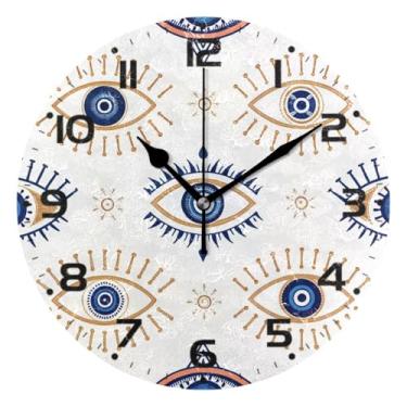Imagem de JUZIHAI Relógio de parede com olho turco, silencioso, sem tique-taque, redondo, operado por bateria, fácil de ler, relógio decorativo de parede para casa, cozinha, sala de estar, quarto, escritório