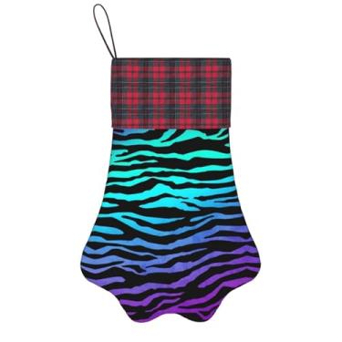 Imagem de SKKNT Meias de Natal com estampa de listras de zebra de camuflagem roxa, azul, verde, animais de estimação, decoração de Natal, cães, gatos, árvore, presente conveniente
