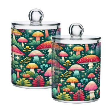 Imagem de Qilmy Magic Forest Mushrooms Suporte Qtip pacote com 2, frascos de boticário de 400 ml, vasilha organizadora de banheiro para cotonetes, bolas de algodão, almofadas de maquiagem, fio dental, sais de