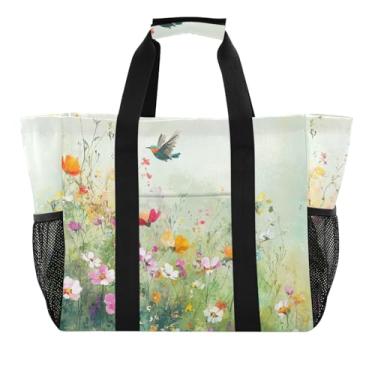Imagem de ODAWA Sacola grande durável de flores silvestres coloridas com pássaros fofos - Sacola dobrável de lona para academia e praia com bolsos com zíper, Flores silvestres coloridas, pássaro fofo, One Size