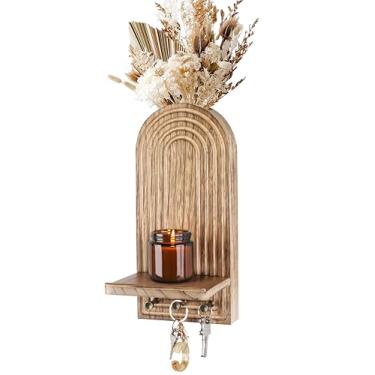 Imagem de Organizador de parede de madeira 3 em 1 – vaso para vaso + arandelas + ganchos – decoração de casa de fazenda, arte de parede boho para plantas de interior, flores secas de eucalipto artificial, para