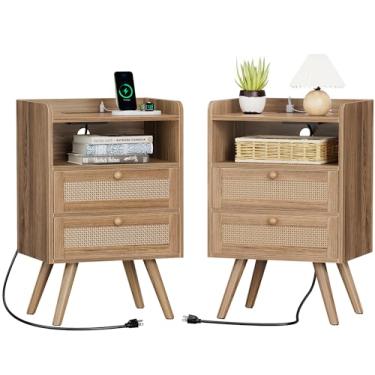 Imagem de SUPERJARE Suporte de cabeceira de 2 gavetas com estação de carregador, conjunto de 2 mesas laterais de cama de 64 cm de altura com pés de madeira maciça, mesa de extremidade, armazenamento aberto