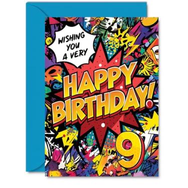 Imagem de Stuff4 Cartões de aniversário de 9 anos para meninos e meninas - quadrinhos Pow! - Cartão de feliz aniversário para menino de 9 anos de idade menina sobrinho irmã filha prima, cartões comemorativos A5