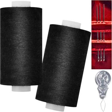 Imagem de Linha de costura multiuso - 2 carretéis de linha de costura manual de poliéster com 3 agulhas, 1 enfiador de agulha para máquina de costura para costura manual e máquina (preto, 2 carretéis)