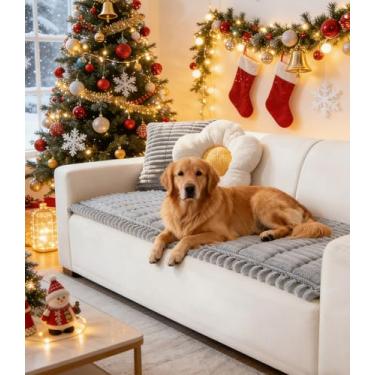 Imagem de OTOB Capa de sofá para cães, lavável, antiderrapante, de pelúcia para sofá com 3 almofadas, tapete felpudo para animais de estimação, protetor de móveis, para todas as estações (cinza, 70 x 180 cm)