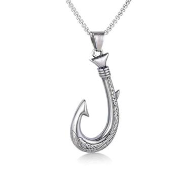 Imagem de Colar com pingente de anzol havaiano masculino e feminino com padrões requintadamente esculpidos no pingente, aço inoxidável 316L, corrente de pérola quadrada de aço inoxidável prata, presente de joia