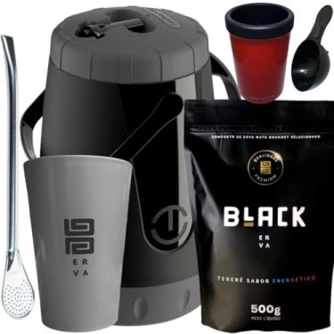 Imagem de BLACK ERVA, Kit Tereré Black Erva Mate 500g Garrafa Pávia Lisa 2,5L Copo Acrílico Cinza Bomba de Ferro Cromada (ENERGÉTICO)
