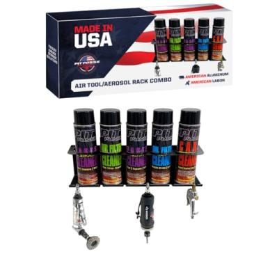 Imagem de Pit Posse Suporte de ferramentas de alumínio pneumático PP3353BK Rack de aerossol feito nos EUA - Suporte de garrafa de lata de spray montado na parede, organizador de ferramentas de ar para garagem