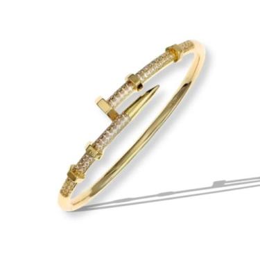 Imagem de Pulseira Bracelete Dourado Prego Rigido Cravejado Grosso - Lojas La&Ny