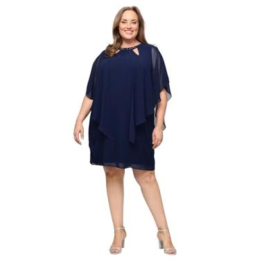 Imagem de S.L. Fashions Vestido feminino plus size capelet manga cascata com decote recortado, vestido para ocasiões especiais, Azul marino, 50