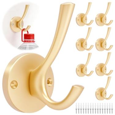 Imagem de 8 ganchos de parede, gancho de metal resistente, 20 kg (máx.), ganchos de toalha de banheiro dourados duplos montados na parede com parafusos, cabide de porta-chaves para porta-chaves para cubículo