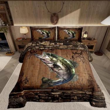 Imagem de Feelyou Conjunto de edredom de peixe para meninas, meninos, crianças, solteiro, para caçar peixes, cabana rústica, campo, vida marinha, conjunto de edredom com 2 peças