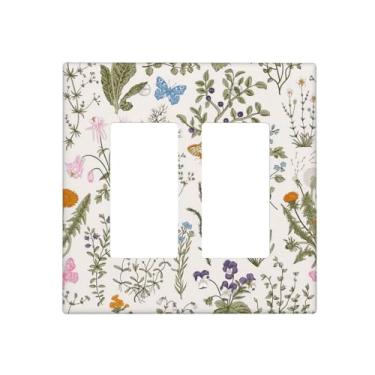 Imagem de Capa de interruptor de luz flores vintage plantas de jardim florais 2 gangues duplo balancim placa de parede decorativa placa de interruptor elétrico placa frontal para banheiro cozinha decoração de