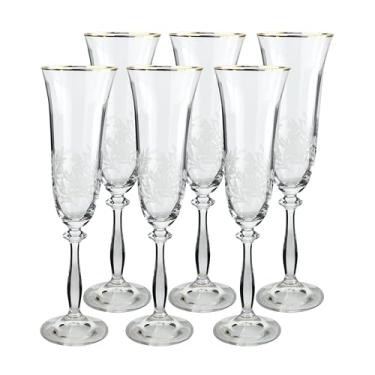 Imagem de Jogo de 6 taças para champanhe Angela Decorada em cristal com borda dourada 190ml A24,8cm