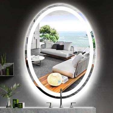 Imagem de MEIOUKA Espelho oval de LED de 71 x 91 cm com luzes 3 cores reguláveis de memória, retrovisores ovais 36 ovais para banheiro, salão de maquiagem, montagem na parede, antiembaciamento, espelhos ovais