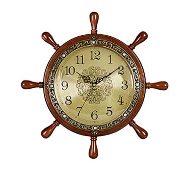 Imagem de Relógio de parede retrô de madeira maciça com leme de 30 cm, silencioso, sem tique-taque, operado por bateria, para casa/escritório/cozinha - bandeja de metal grande bronze