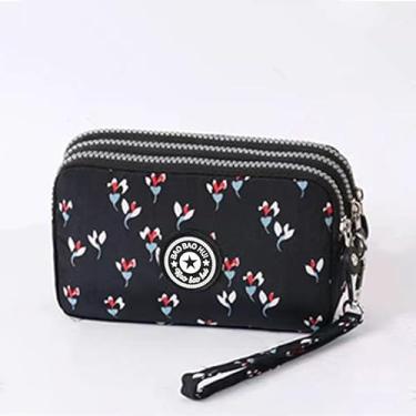 Imagem de Carteira de pulso de grande capacidade - Bolsa feminina de nylon estampada à prova d'água, Pequena flor preta