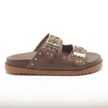 Imagem de Chinelo  Sapato da Corte Couro Duas Fivelas Tachas, C caramelo, 36