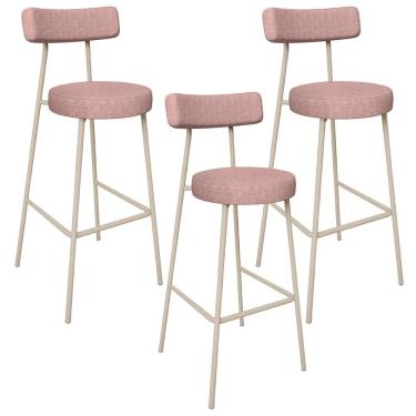 Imagem de Kit 03 Banquetas Alta Bar Cozinha Sala De Jantar Aço Milão Arena L02 Linho Rosa - Lyam Decor