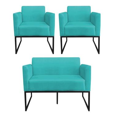 Imagem de Kit 1 Namoradeira e 2 Poltronas Suede Preto Azul Turquesa