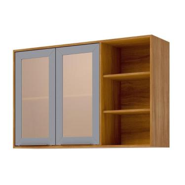 Imagem de Armário Aéreo Cozinha Brilhante 120CM 2 Portas MDF Bater Cinamomo Platina
