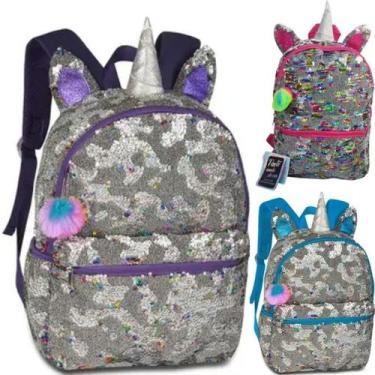 Imagem de Mochila Escolar de Costa Infantil Unicornio Paete Prata Pompom Muda de