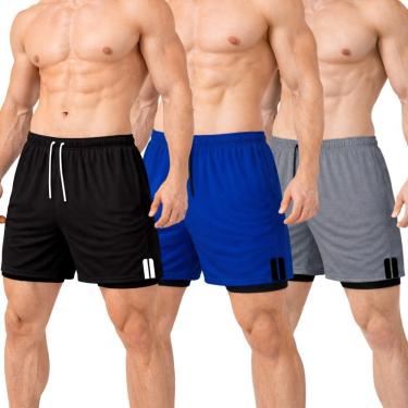 Imagem de Kit 3 Short Treino Térmico 2 em 1 com Bolso Porta-Toalha Calção Fitness Academia-Masculino