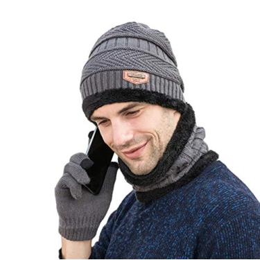Imagem de 3 peças de inverno quente chapéu cachecol luva conjunto gorro grosso cachecol chapéu cachecol chapéu chapéu para homens, Cinza, Medium