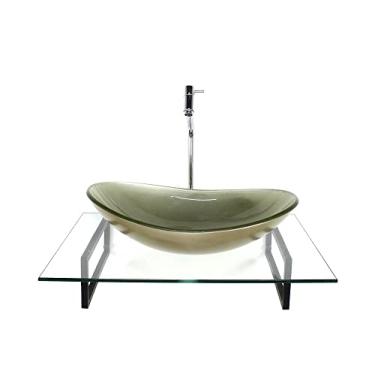 Imagem de KIT CUBA DE VIDRO OVAL CHAMPANHE COM TAMPO 60CM INCOLOR E SUPORTE PRETO