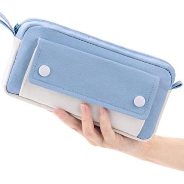 Imagem de Estojo de lápis, bolsa de lápis de grande capacidade, bolsa durável, suprimentos de diário portátil com alça fácil, bolsa simples de viagem de marcador, organizador estético de escritório escolar para meninas adultas (Azul)