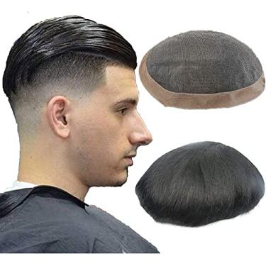 Imagem de N.L.W Toupée para homem, renda suíça com PU em torno do sistema de peças de cabelo humano, peruca negra natural para homem base 9 * 6
