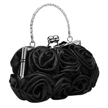 Imagem de Grey990 Bolsa de mão feminina fashion com estampa de flores rosas e bolsa de mão para festa noturna, Preto, One_Size