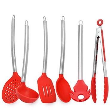 Imagem de Kit Utensílios De Cozinha De Silicone Vermelho Cabo Inox K4C